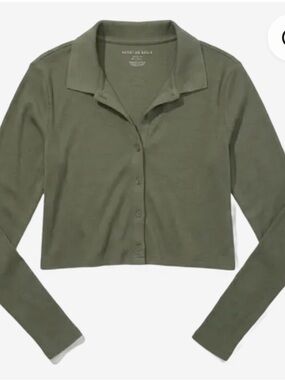 American Eagle Outfitters Olive Cropped Button-Down Polo Shirt